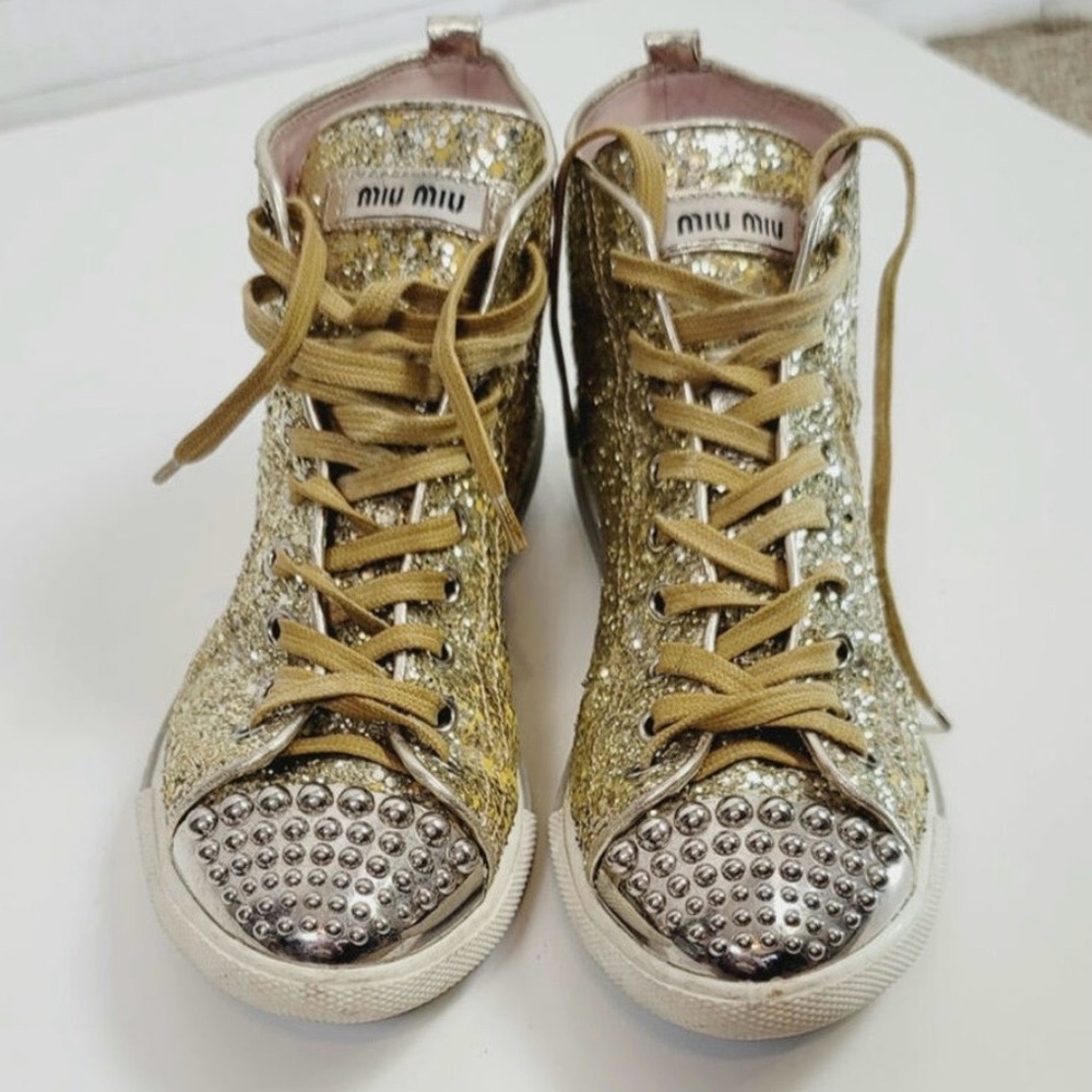 Miu Miu Gold Glitter Studded Sneakers